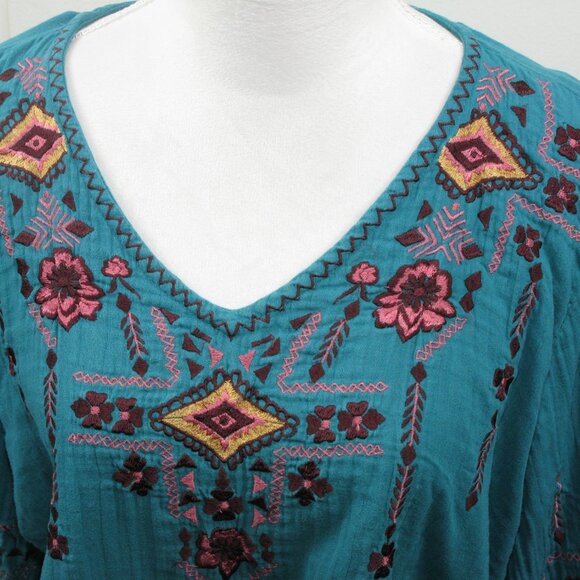 The Pyramid Collection Turquoise Embroidered Boho Bell Sleeve Blouse Size XL - Picture 2 of 8